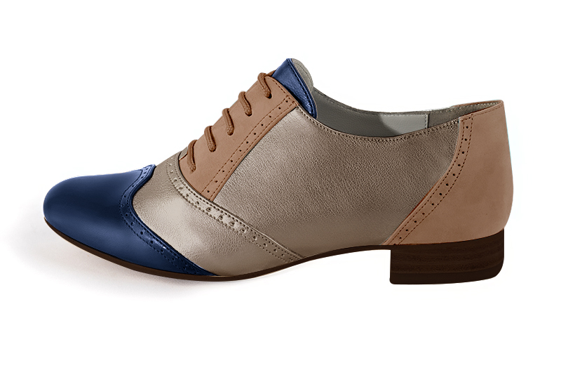 Navy blue, bronze gold and biscuit beige women's fashion lace-up shoes.. Profile view - Florence KOOIJMAN